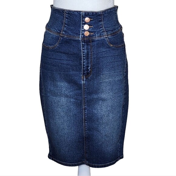 Guess Denim Pencil Skirt High Waist Button Front Blue Stretch Women's Medium - Picture 1 of 11